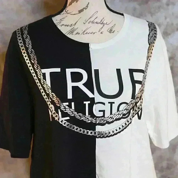 Women's Size L True Religion World Tour black/white split design t-shirt - Picture 2 of 10